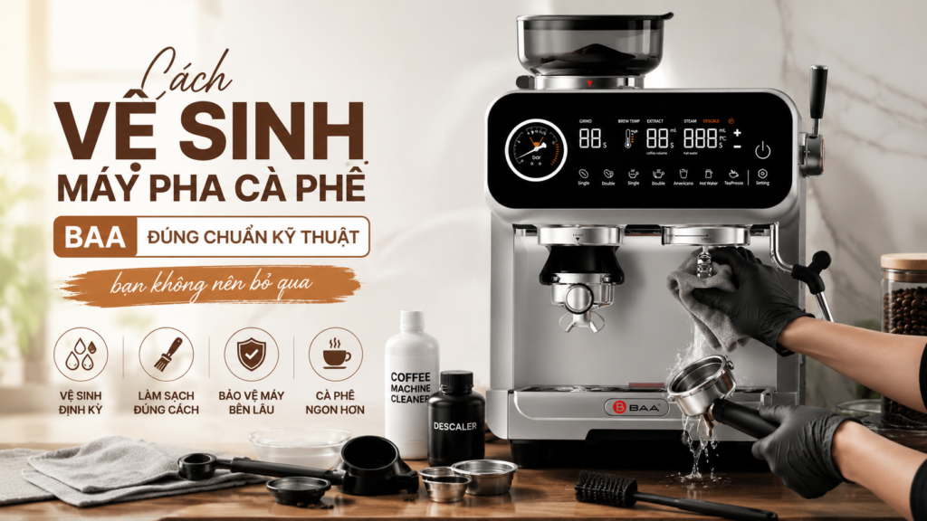 Cách vệ sinh máy pha cà phê BAA đúng chuẩn kỹ thuật giúp máy bền và cà phê ngon hơn