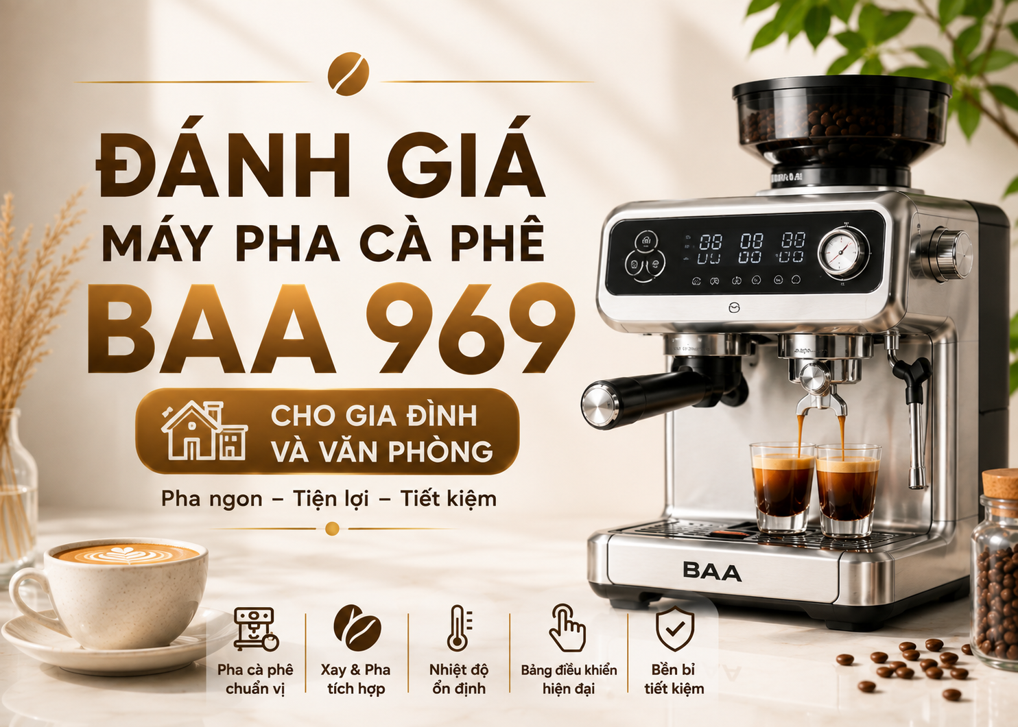 Máy pha cà phê BAA 969 áp suất chuẩn chiết xuất crema hoàn hảo